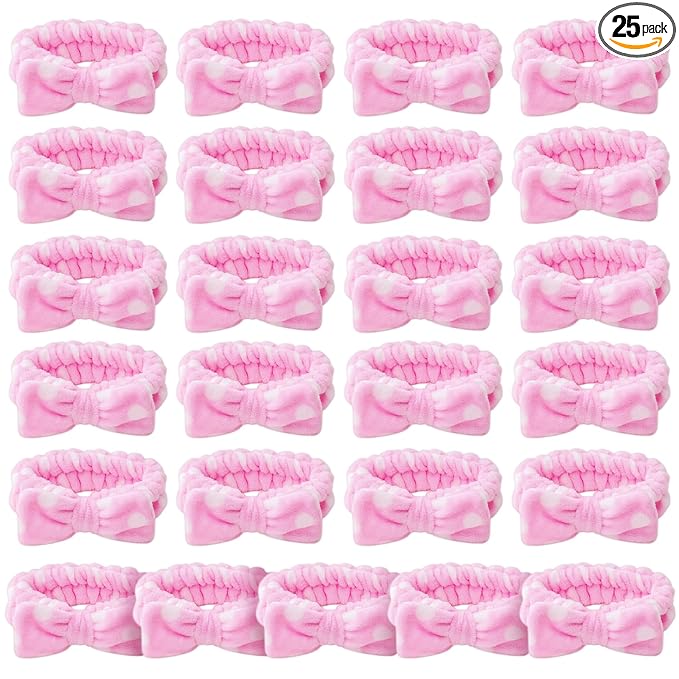 25 Pcs Pink Spa Headband Bulk Set - Soft Coral Fleece Makeup Headbands for Women, Elastic Bow Hair Bands for Washing Face, Skincare & Shower, Adjustable Hair Wraps (Pink with White Dots)