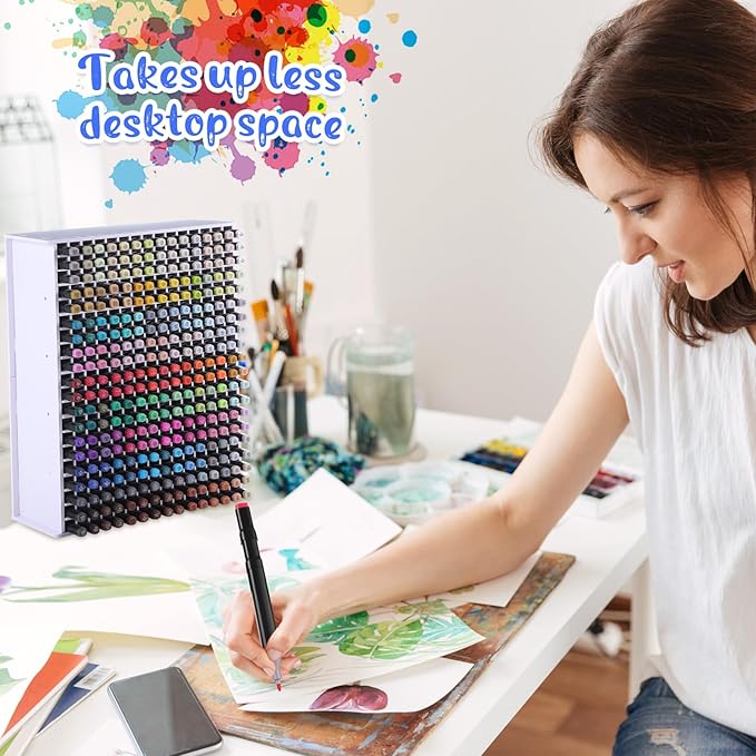 2 Pack Marker Storage Organizer, 600 Slots Total Art Supply Holder for Desk, Marker Rack with Removable Dividers for Colored Pencils & Paint Brushes (16.73 x 13.58 x 5.12 inch)