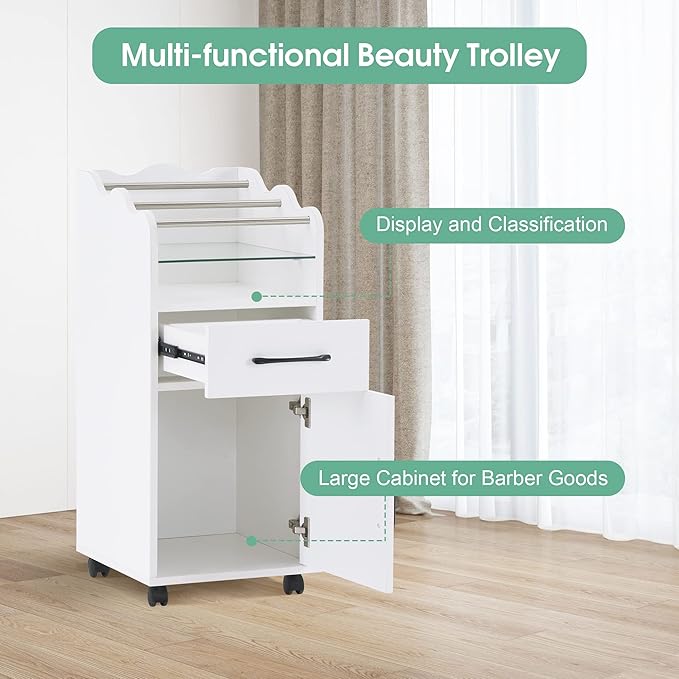 BarberPub Salon Cart with Storage Cabinet with Engineered Wood, Rolling Salon Cart for Hair Stylist Barber Trolley with Wheels Beauty Organizer 2013 (White)