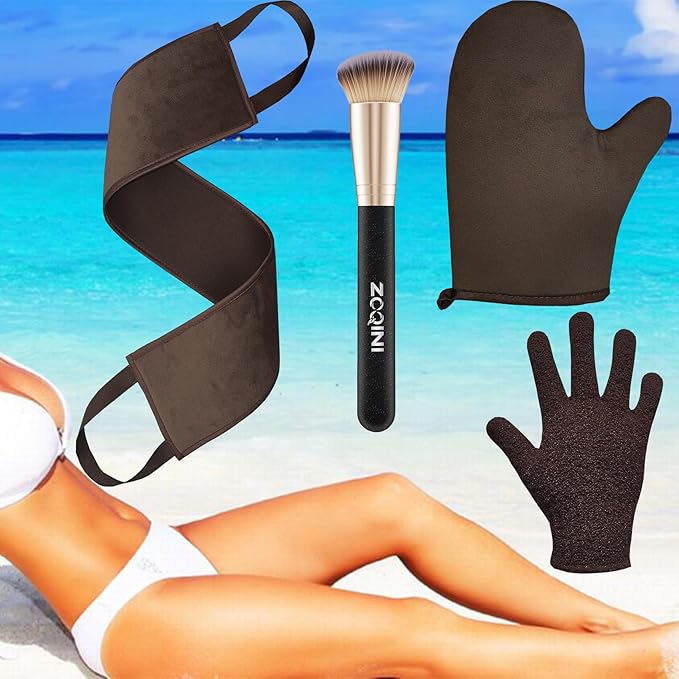Self Tanning Mitt Kit, Velvety Soft Tanner Mitt and Back Tanning Applicator, Exfoliating Glove, Angled Face Tanner Brush for Sunless Tanning Oil Lotion Mousse Gel (4 Pack Bronze, Boxed)