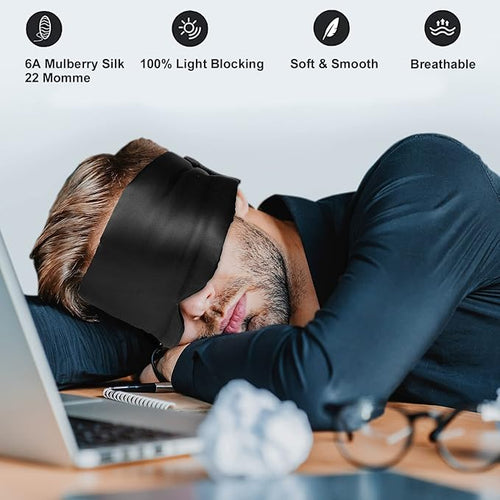 100% Mulberry Silk Eye Mask Blackout Sleeping Eye Cover for Night Sleep and Travel Nap,Soft Adjustable Eyeshade, Comfortable Organic Blindfold for Women Men,Large Size, Black (Black)