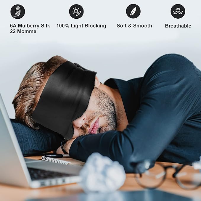 100% Mulberry Silk Eye Mask Blackout Sleeping Eye Cover for Night Sleep and Travel Nap,Soft Adjustable Eyeshade, Comfortable Blindfold for Women Men,Large Size, Black (Stars)
