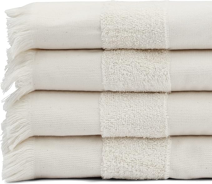 Lightweight Turkish Beach Towel - 100% BCI Cotton, Unbleached Raw Fringe, Oeko-TEX Certified, Absorbent, Eco-Friendly, 36x66”, Natural Stripes, Portable Sarong Blanket for Pool, Travel