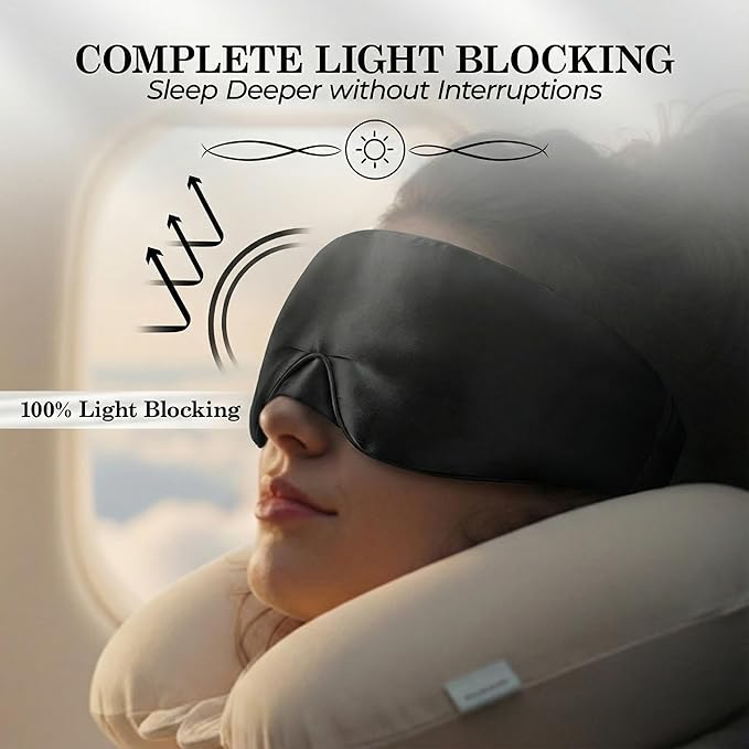 SLEEP SANCTUARY 100% Pure Mulberry Silk Sleep Mask - 22 Momme Light Blocking Hook & Loop Silk Eye Mask for Sleeping - Secure Fit for Side Sleepers, Women & Men - Cloud Soft (Black)