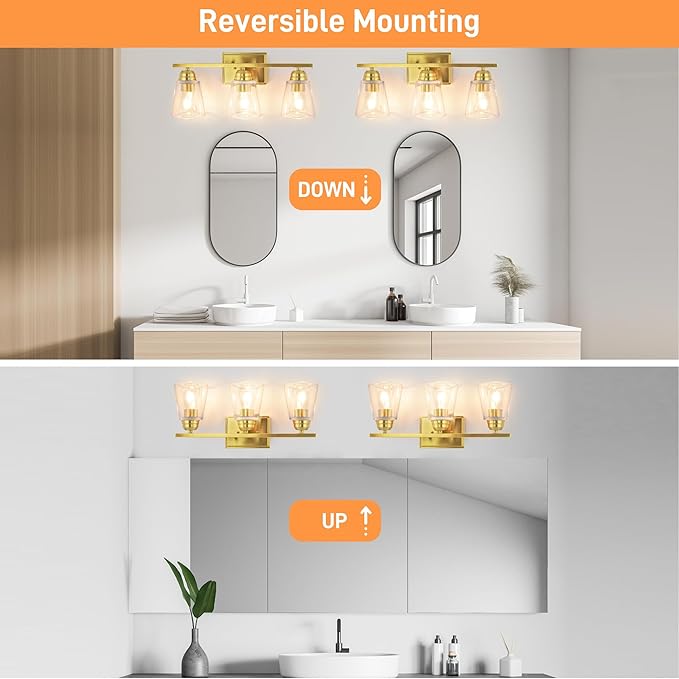 hykolity 3-Light Bathroom Vanity Light, 5-Piece All-in-One Bathroom Set, 20 Inch Modern Wall Lamp, Gold Wall Sconces with Clear Glass Shade, Wall Lights for Bedroom, Living Room, Bathroom Mirror
