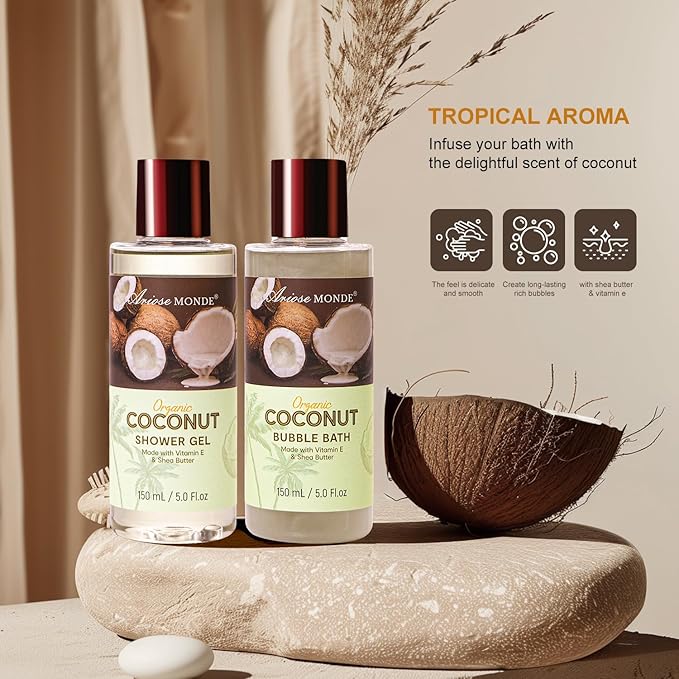 Spa Gift Basket for Women, Coconut Bath and Body Gift Basket with Shower Steamers, Scented Candle, Luxury Bath Gift Set for Mothers Day, Valentines Day, Birthday, Unisex Gift for Women, Men