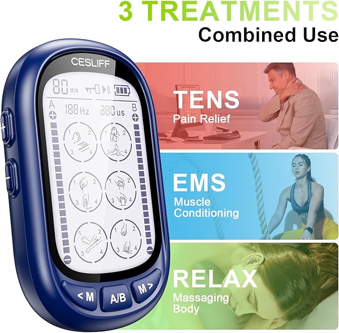 CESLIFF Dual Channel TENS EMS Unit Large Screen 24 Modes 36 Levels Intensity Muscle Stimulator, Rechargeable Electric Pulse Massager TENS Machine for Lower Back Neck Shoulder Pain Relief with 10 Pads