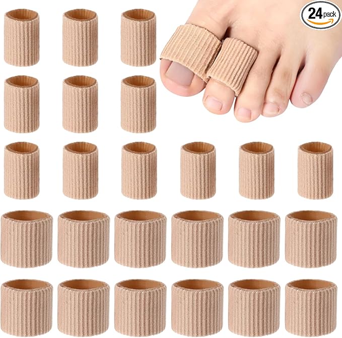 Blulu 24 Pieces Toe Tubes 0.98 Inches Cushion Tube Corn Pads for Toes Sleeves Soft Gel Protectors for Cushions Corns Blisters Calluses 3 Size(Skin Color,Medium,Large)