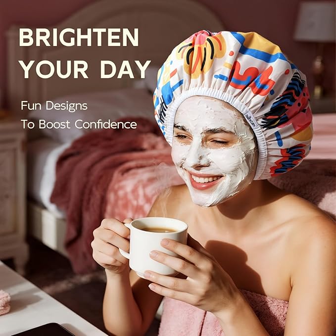 Years Calm Waterproof Shower Cap for Women - Double Sided Design for Long Thick Hair, Secure Fit & Flexible Elastic Band, Reusable Bath Cap for Shower, Spa, Travel (Mood Switch 4)
