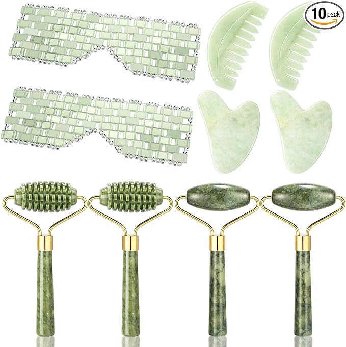 Sliner 10 Pcs Gua Sha Facial Tools Set Jade Eye Mask Scalp Hair Comb Spiked Roller Jade Stone Eye Mask Gua Sha Board White Facial Cooling Set for Spa Relax Alleviate Puffiness Esthetician Supplies
