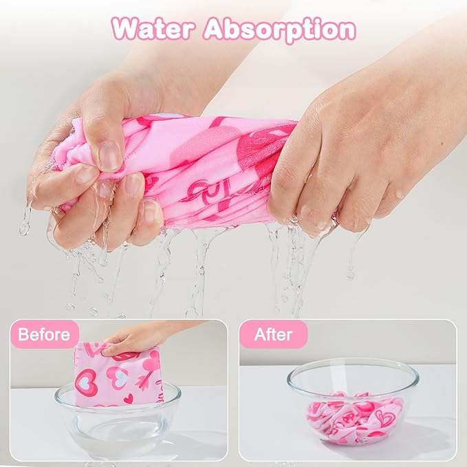 FIOBEE Microfiber Hair Towel Wrap for Kid Rapid Drying Towel Absorbent Hair Turbans for Wet Hair with Button Women Girls Long Curly Hair Pack of 2, Pink/Purple Heart