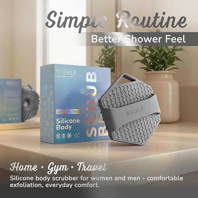 SILKLE Silicone Body Scrubber – Gentle Exfoliating Shower Scrubber for Body & Bath, Silicone Shower Brush & Loofah Alternative – Non-Slip Silicone Body Brush, Quick Dry, Hygienic - Gray