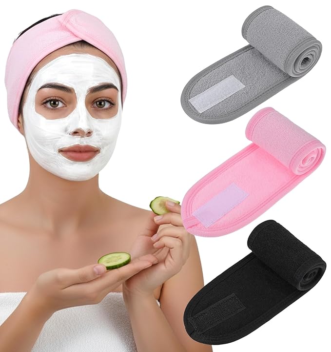 3 Pack Face Wash Headband, Adjustable Spa Headbands for Women, Non-Slip Terry Cloth Headband for Facial, Makeup & Shower, Soft Stretchable Hair Band