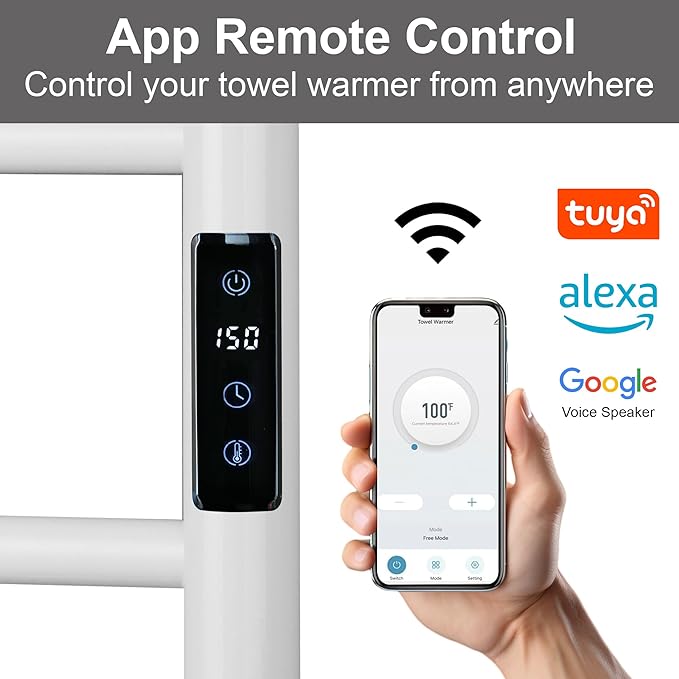 Electric Towel Rack with Voice Control for Alexa & Google Home,TUYA-Wall-Mounted Bathroom Heating Towel Warmer,Plug-in,26.77x20.47x4.39in,Stainless Steel Material,White,6 Bars