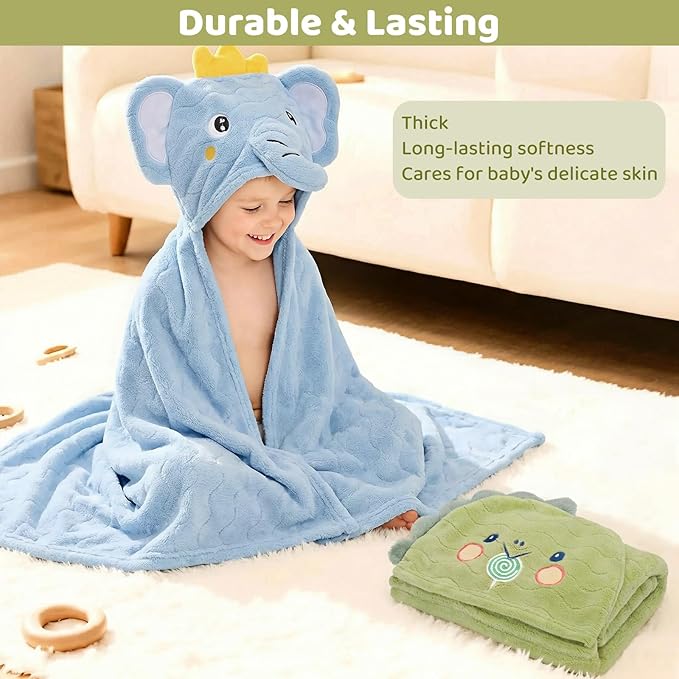 6 PCS Toddler Bath Towel Set for Boy Girl 0-5 Year, 2 PCS Thick Absorbent Hooded Baby Bath Towels Large 55" x 27.5" & 4 PCS Washcloths, Ultra Soft Gifts for Infant, Toddler, Kids, Dinosaur & Elephant