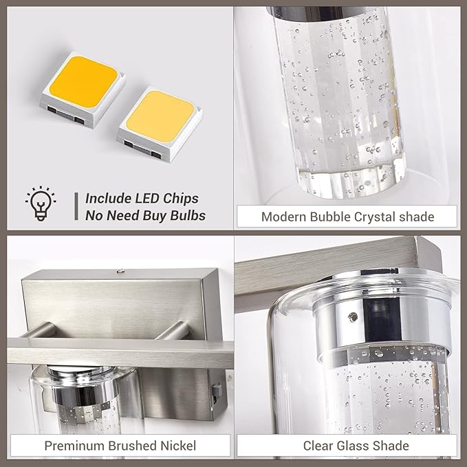 Bathroom Light Fixtures, 3 Light Brushed Nickel Bathroom Vanity Light over Mirror, 3 Color LED lights with Crystal Bubble and Clear Glass, White/Neutral/Warm Light Dimmable Wall Sconce Lighting