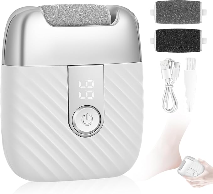 Electric Foot File with 2 Speeds & LED Display, Rechargeable Callus Remover with 3 Grit Heads (Coarse/Medium/Fine), Pedicure Tools for Feet Hard Skin Smooth Polishing (White)