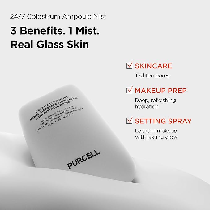 PURCELL 24/7 Colostrum Facial Serum Spray(White) - Ampoule Mist for Glass skin with Long Hydration, Poreless Smooth Skin, Before & After Makeup, Hyaluronic Acid, For All Skin types, 1.85 fl oz