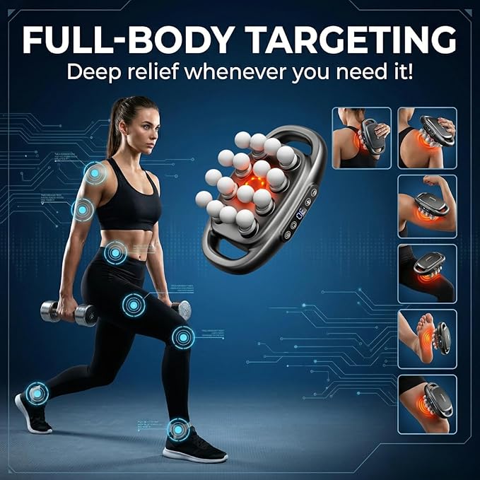 16-Head Deep Tissue Body Massager with Heat, 3 Modes & 30 Intensities, Multi-Head Back Massager for Full Body Relief, Quiet Percussion Massager for Back, Neck, Legs, Waist,1800mAh Battery