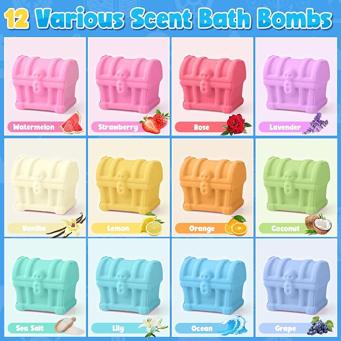 Toylink Bath Bombs for Kids with Diving Gem Toys Inside, 12 Pack Treasure Chest Bath Bombs with Surprise Pirate Accessories Pretend Playset, Handmade Bubble Bath Fizzies Birthday Christmas Gift Set