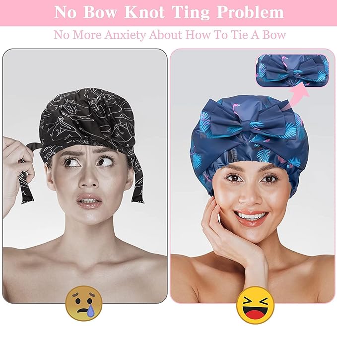 2 PCS Waterproof Shower Caps, Oversized Adjustable Hair Cap with Bow Knot for Women, Reusable Double Layer Waterproof Bathing Cap for Shower, Spa, Makeup, Design for All Hair Lengths/Style