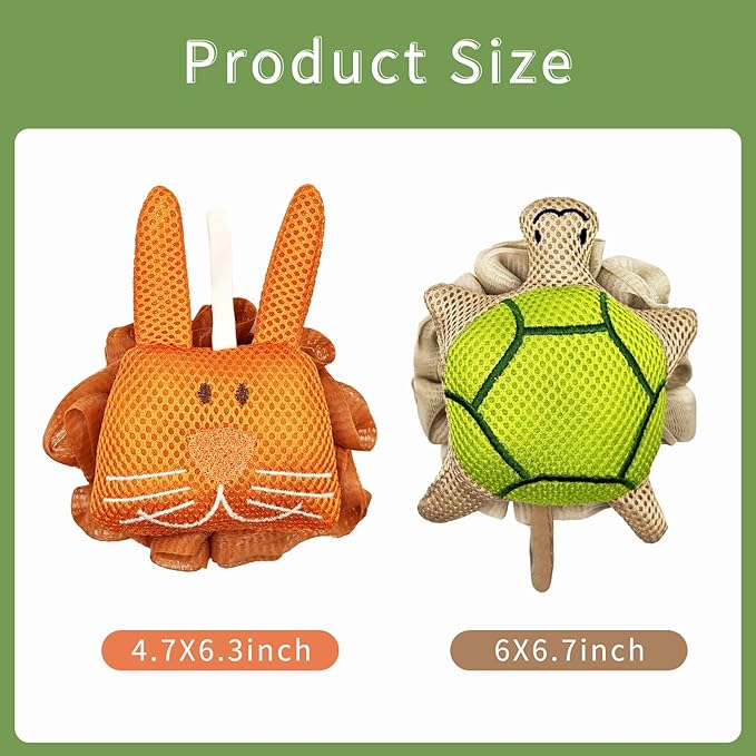 Kids Bath Sponge,Soft Mesh Shower Pouf for Kids,Cute Turtle&Bunny Bath Loofah Gentle Fun Bath Accessories for Boys and Girls