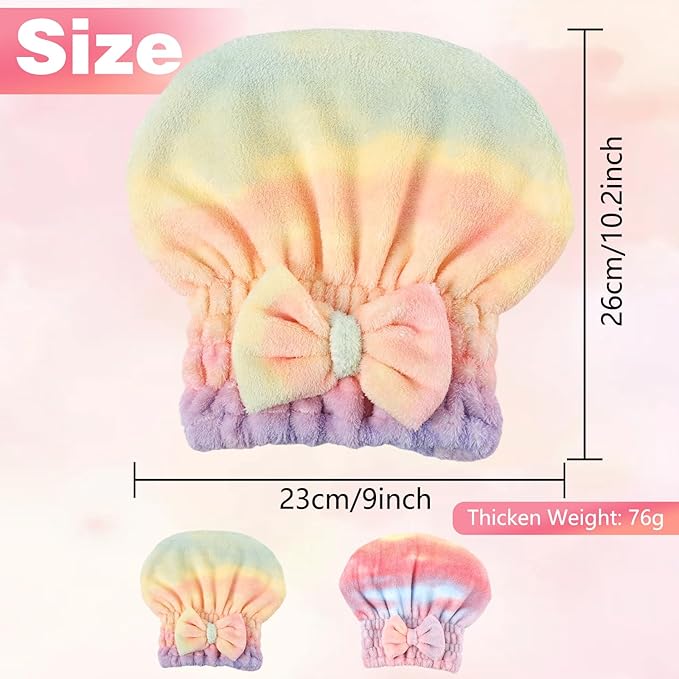 2PCS Super Absorbent Hair Towel Wrap for Wet Hair,Microfiber Hair Drying with Caps Bow Design,2026 New Fast Drying Hair Turban Wrap Towels Shower Cap for Girls and Women(Gradient Pink)