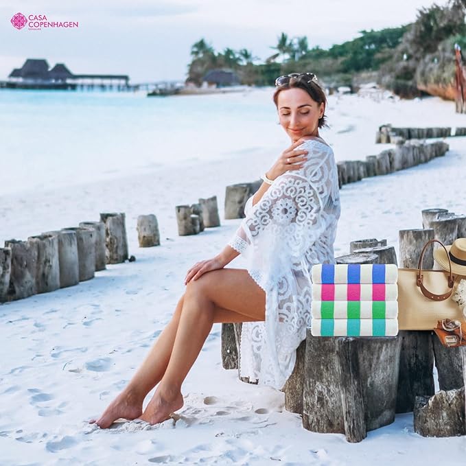 Casa Copenhagen Cabana Towel 4Pcs Blue,Pink,Green,Teal Designer Stripe Beach Towels Gift Set, 30"x60" Oversized 100%Cotton Pool Bath Towel for Beach Gift Set (Perfect Summer Gift Set For Women & Men)