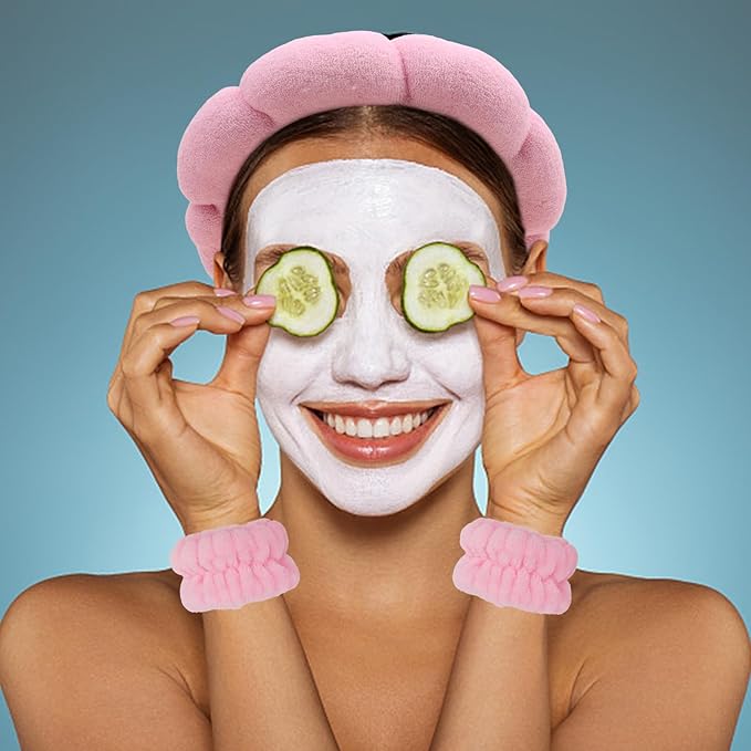 Pink Spa Headband and Wristband Set with Bow for Washing Face, Skincare, Makeup - Sponge Cloud Headband for Women Girls