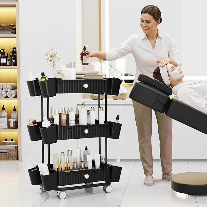 3 Tier Drawer Shelf Beauty Cart with 12 Movable Storage Organizer, Thickened Durable ABS, 360° Wheels for Salon Station for Hair Stylist, Beauty Salon, Spa Massage Parlor, Makeup Organizer - Black