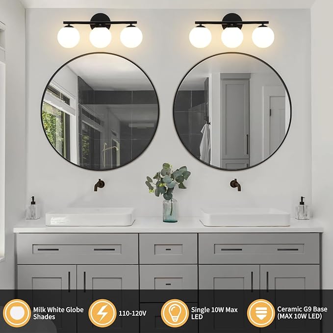 Black Globe Bathroom Light Fixtures 3-Light Vanity Light with Plastic Milk White Globe Shades 11.81 inch Wall Sconce Lighting Over Mirror, Vanity Lights for Bathroom Bedroom Hallway