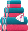 CASA COPENHAGEN He & She 6Pcs 100% Egyptian Cotton Large Designer Towels Gift Set- Cyan - Coral, 550GSM, 2Bath 2Hand 2Washcloths, Bath Towels for Bathroom (Gift Set for Women & Men)