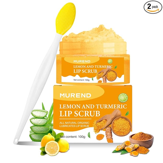 Turmeric Lemon Lip Scrub with Brush, Lip Scrubber Exfoliator for Dark Lips, Dry, Chapped Lips, Reduce Fine Lines, Natural Nourish Sugar Lip Scrub with Aloe Vera, Deep Hydration Moisturization 100g