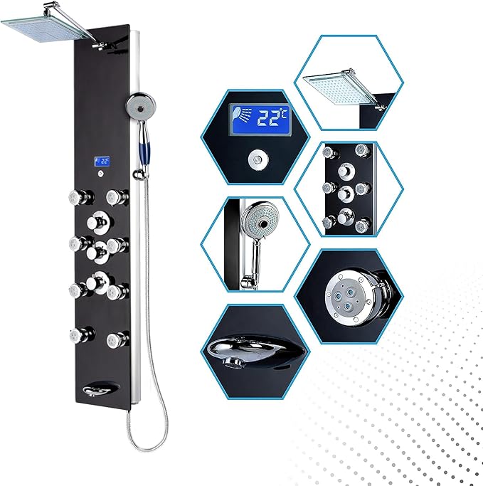 Blue Ocean 52” Aluminum SPA331B Tempered Glass Thermostatic Shower Panel Tower Column with Rainfall Shower Head, 8 Multi-Functional Nozzles, and Tub Spout (Premium Matte Black)