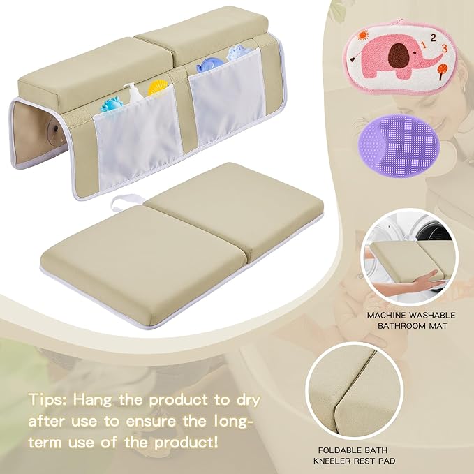 Baby Bath Kneeler and Elbow Rest Pad Set,Bath Kneeling Pad Thick Soft Quick Dry Bathtub Mat for Bathing Time,Baby Essentials Memory Foam with Toys Organizer Gifts for Parents,Khaki