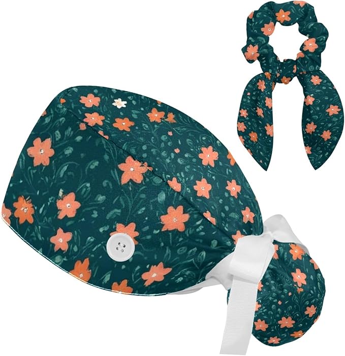 Scrub Caps Women Nursing Hats Floral Flowers with Buttons Ponytail Working Adjustable Pouch Tie Back