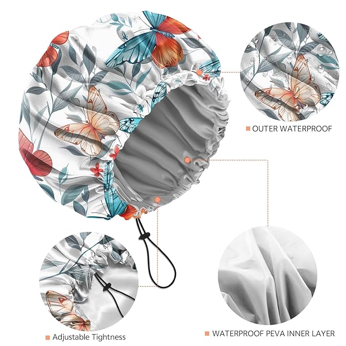 Shower Cap Reusable Double Layer Adjustable Elastic Waterproof EVA Hair Bath Caps for Women Girls Cute Aesthetic-Butterfly
