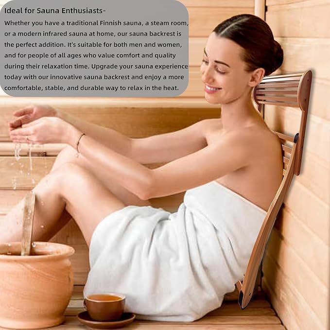 Adjustable-Height Sauna Backrest with Neck Pillow – Natural Bamboo Build & Anti-Slip Rubber Pads, Single-Pack Sauna Accessory with Sauna Hat and Sauna Seat Pad