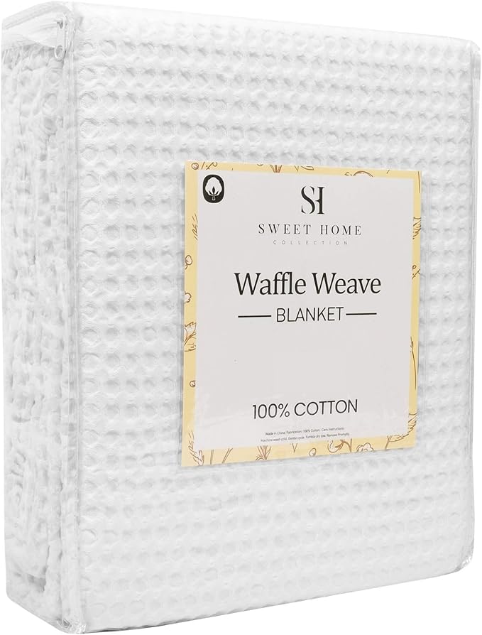 Sweet Home Collection 100% Fine Cotton Blanket Luxurious Weave Stylish Design Soft and Comfortable All Season Warmth, Full/Queen, Waffle Weave White(Pack of 1)