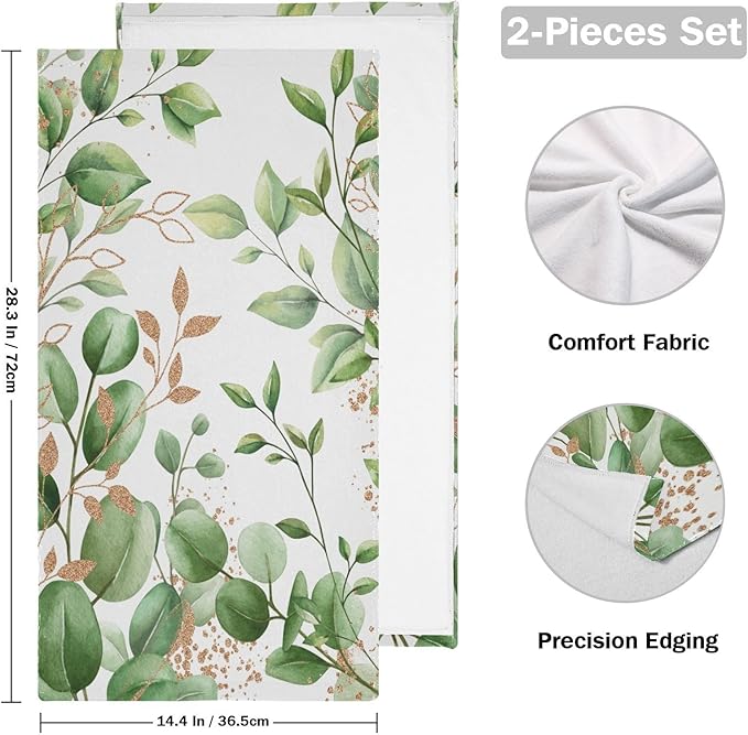 Green Gold White Leaves Hand Towels for Bathroom Set of 2,Eucalyputs Leaf Floral Branches Decorative Bathroom Towels for Bath,Face,Hair,Soft Absorbent Dish Towels for Kitchen Decor 28"x14"
