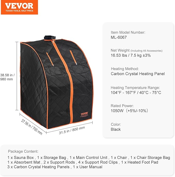 VEVOR Infrared 1050W Portable Sauna Tent Personal Sauna Kit for Home Spa, Detoxify & Soothing Heated Body Therapy, Time & Temperature Remote Control with Chair & Floor Mat, 2.2’x 2.6’x 3.2’