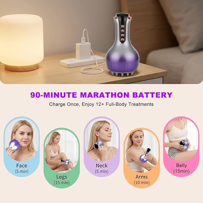 4-in-1 Lymphatic Drainage Massager & Cellulite Massage Tool, 35-Speed Fascia Blaster for Body Sculpting Pain Relief Face Legs Arms Belly Neck, 90Min Battery Wireless Portable