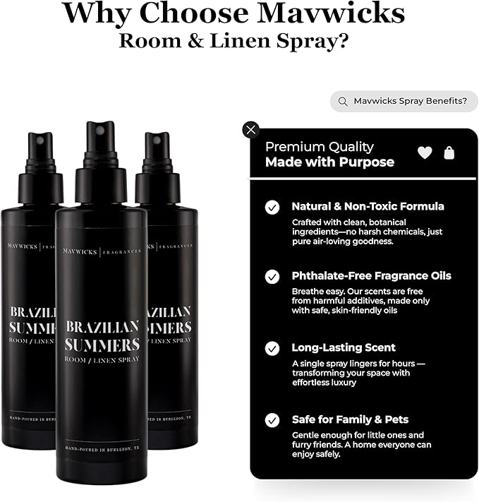 Mavwicks Fragrances - (Brazilian Summers) Linen & Room Spray (8oz) – Bedroom & Home Fragrance Mist, Long-Lasting Freshness To Brighten Up Your Space, Fabric & Air Freshener, Aromatherapy Scent Spray