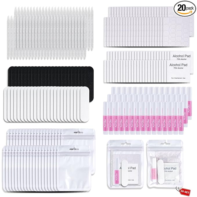 Press On Nail Tool Kit with Everything, Bebbtiy Press On Nail Prep Tool Kit Disposable Manicure Kit with Nail File, Nail Glue, Prep Pads, Adhesive Nail Tabs, Wood Stick, Packaging Bag (50pcs-white)