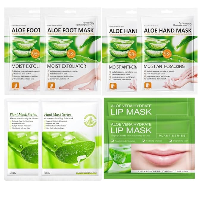 8 PCS Aloe Vera Moisturizing Mask Set - Hand & Foot + Face & Lip Masks, Dry Skin Comfort & Quick Hydration, Plant-Based Skincare Thoughtful Holiday Gift for Her, Suitable for All Skin Types,