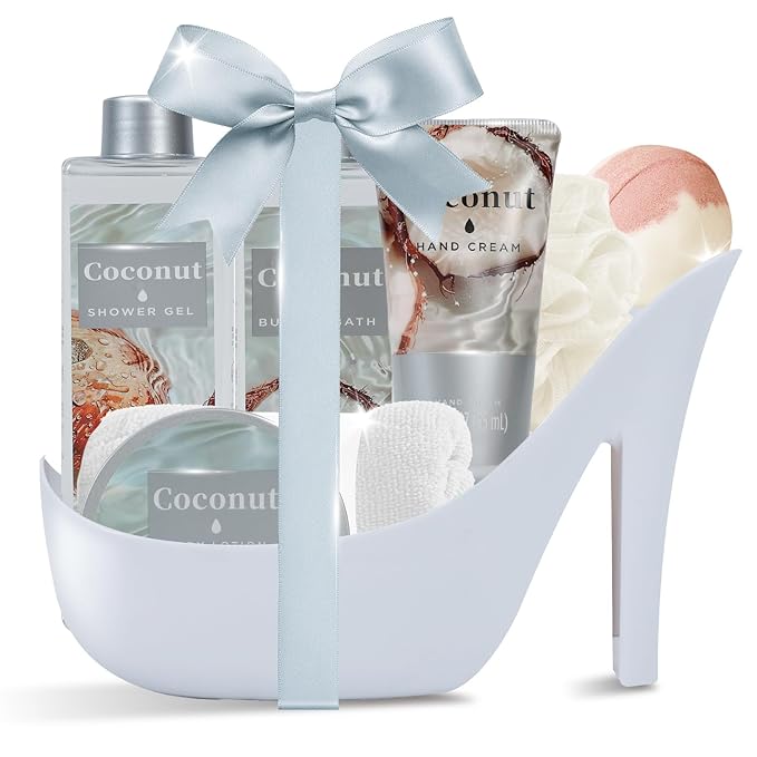 Soothing Coconut Spa Treasures for Women, 8 Piece Gift Set, Designed for beautys, Spa Gift Baskets for Her, Calming Wellness Bundle with Body Butter, Shower Gel, Best gift for lover