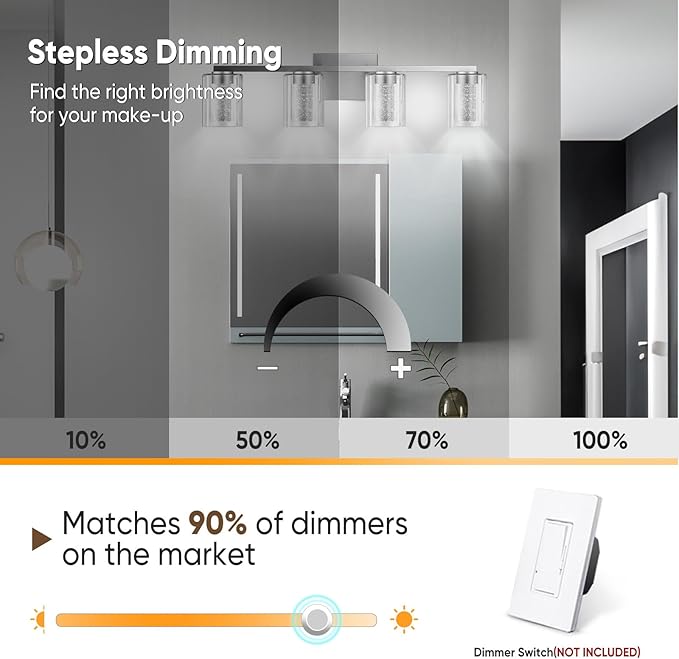 LED Modern Bathroom Light Fixtures Over Mirror, 4-Light Brushed Nickel Vanity Lights with 5 Color Modes, Dimmable Bathroom Vanity Light with Crystal Bubble Glass, 2700K-6500K Adjustable, ETL