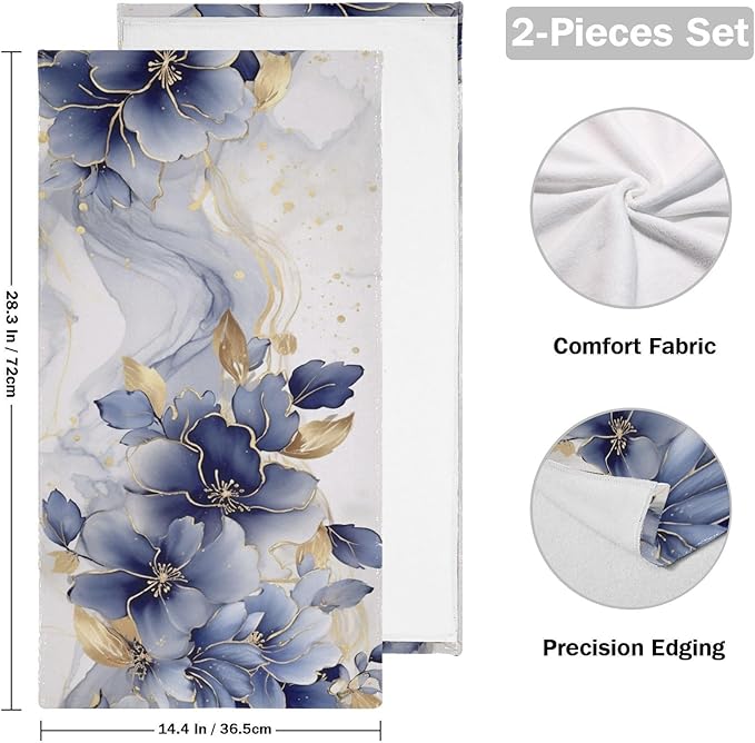 Abstract Blue Golden Floral Leaves Hand Towels for Bathroom Set of 2,Navy White Marble Floral Decorative Bathroom Towels for Bath,Face,Hair,Soft Absorbent Dish Towels for Kitchen Decor 28"x14"
