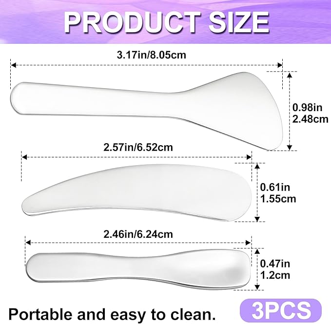 Pndeyo 3pcs Mini Stainless Steel Makeup Spatula, Reusable Cosmetic Cream Spatulas Spoon, Skincare Scoop Applicator Facial Massage Beauty Tools for Mixing and Sampling Face Eye Cream- Silver
