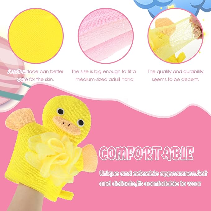 Bath Gloves Loofah for Kids, 2 Pcs Toddler Shower Sponges Body Scrubber, Cartoon Exfoliating Gloves, Cute Animal Washcloths Gloves for Body and Face Easy Lather (Yellow Duck and Pink Rabbit)